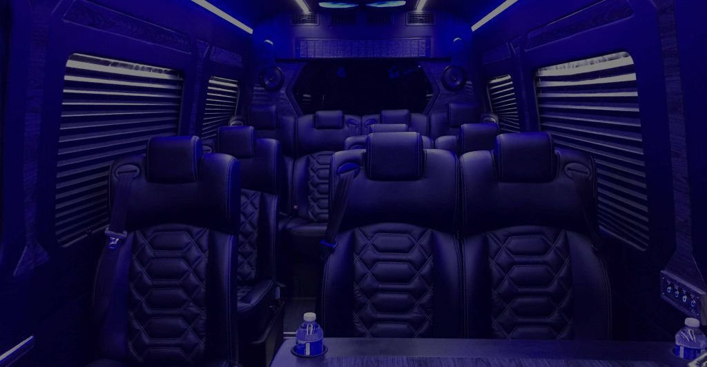 Sprinter van interior with blue accent lighting