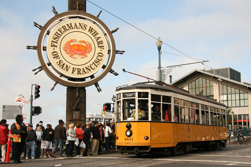 View of F Line Streetcar at Fisherman’s Wharf in San Francisco.
