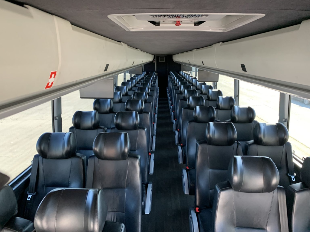 The interior of a Prevost motorcoach.