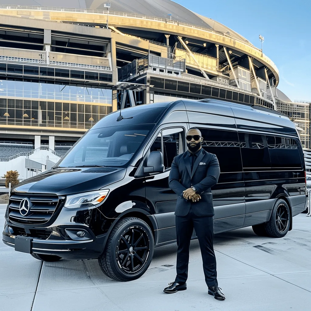 Man in a black suit standing beside a black Mercedes Sprinter van outside a stadium