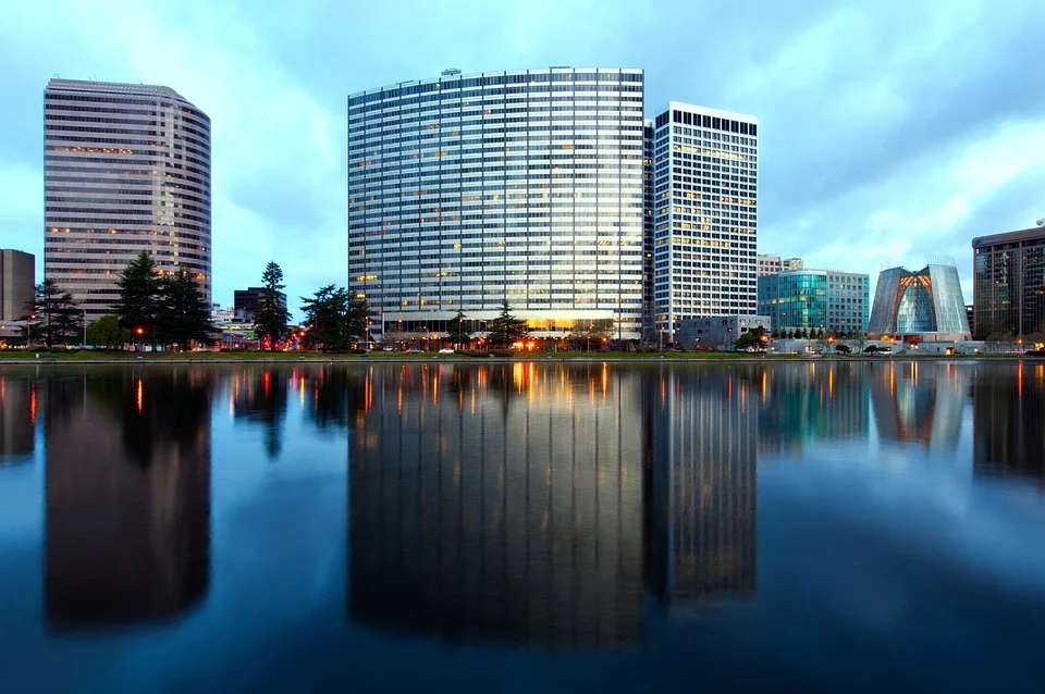 Oakland skyline reflected in Lake Merritt at dusk