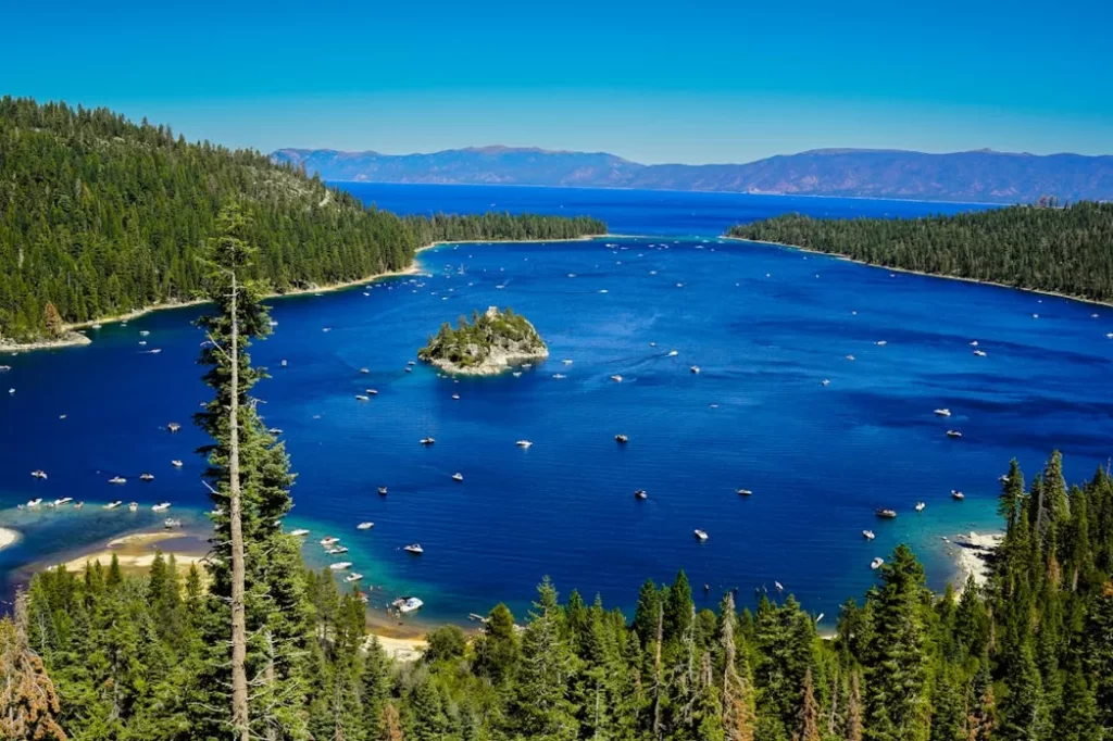 Emerald Bay in Lake Tahoe with Fannette Island and blue water
