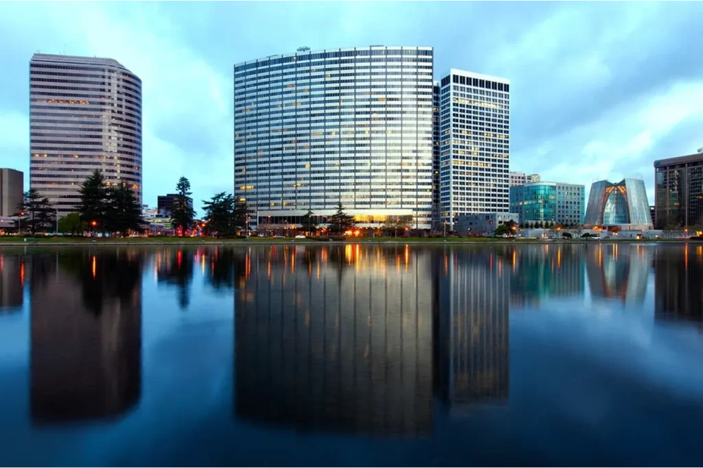 Oakland skyline reflected in Lake Merritt