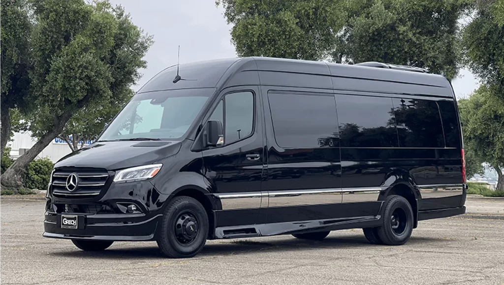 Black Mercedes Sprinter van limousine parked under trees