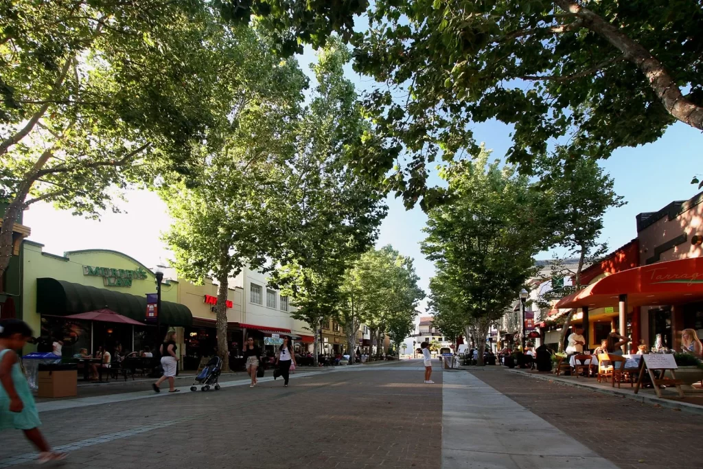 Tree-lined pedestrian street with outdoor cafe seating