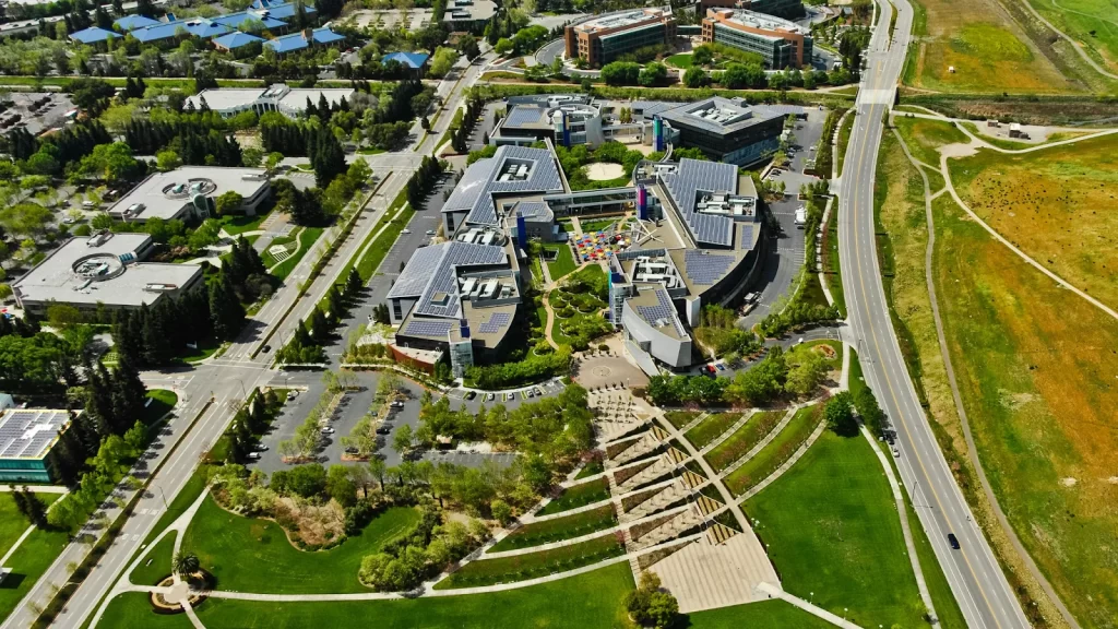Aerial view of a tech office campus