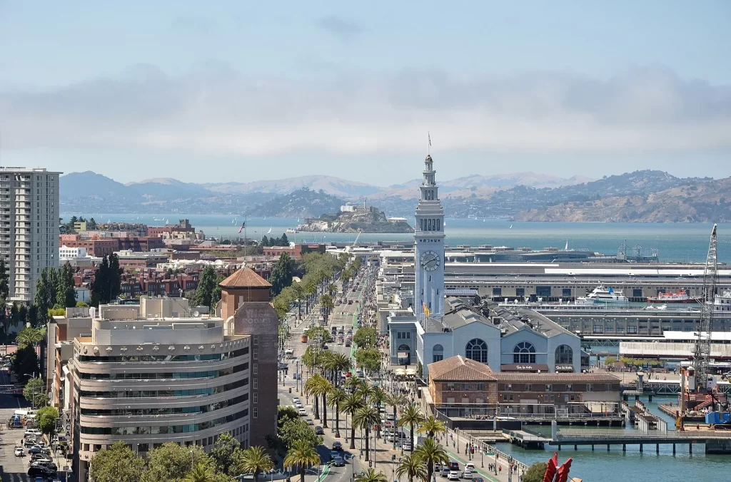 Ferry Building clock tower and the Embarcadero waterfront in San Francisco