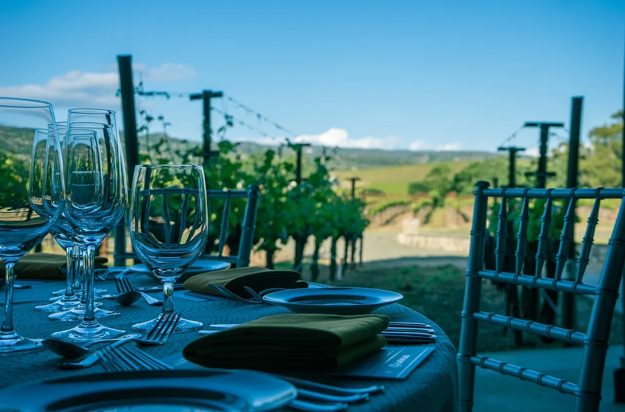 Wine glasses on a table overlooking a vineyard in Napa Valley