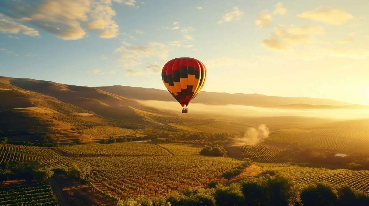Hot air balloon over vineyards at sunrise in Napa Valley