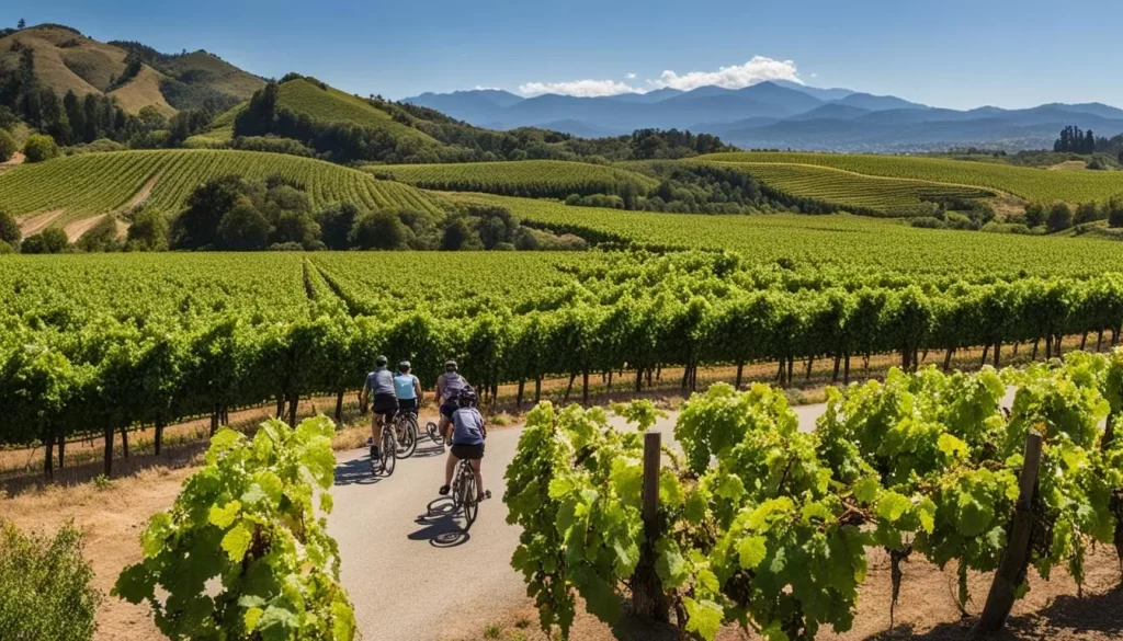 Cyclists riding through vineyards in the hills near Santa Rosa