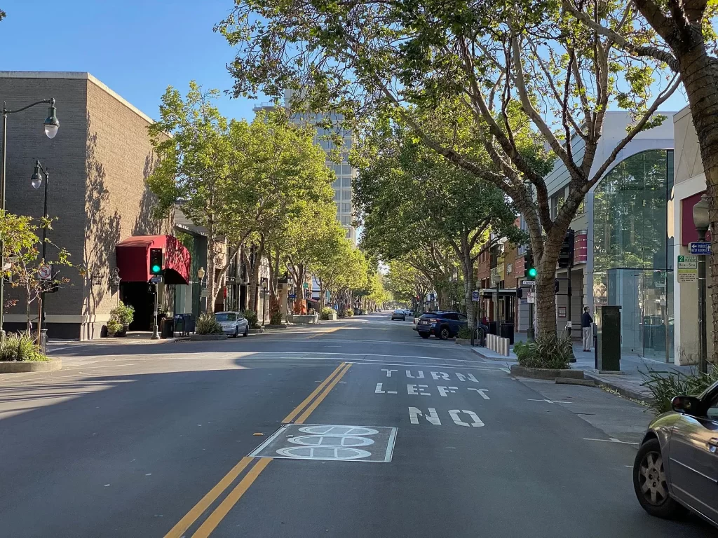 Tree-lined downtown street with shops and cafes